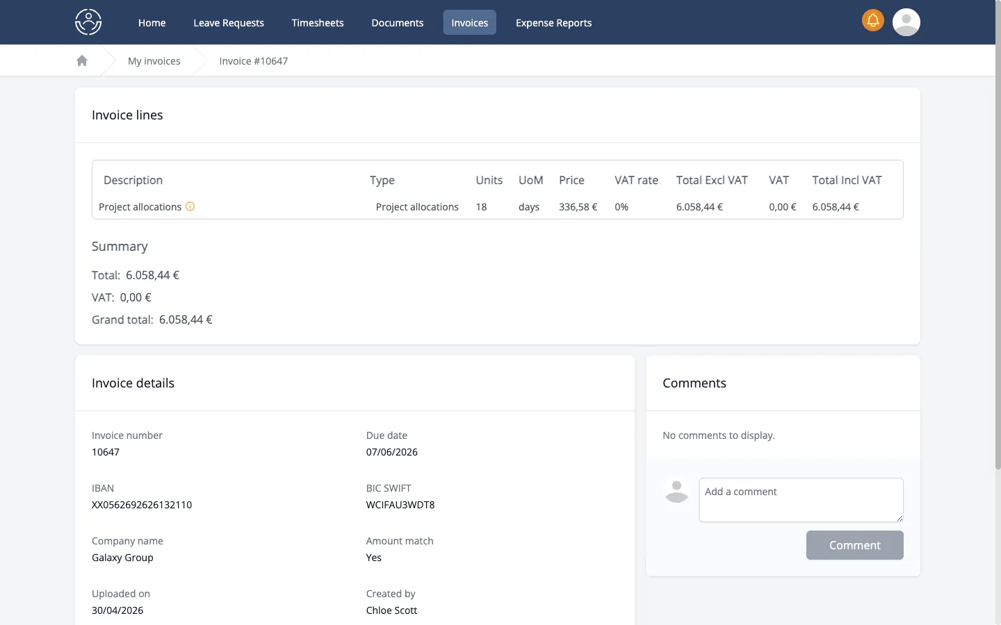 Invoice detail with line items and VAT breakdown